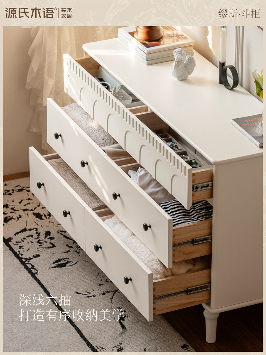 【25-Day Pre-order】Solid Wood Chest of Drawers, French Vintage Storage Cabinet, White Cream-Style Sideboard, Bedroom Bed-End Storage Cabinet